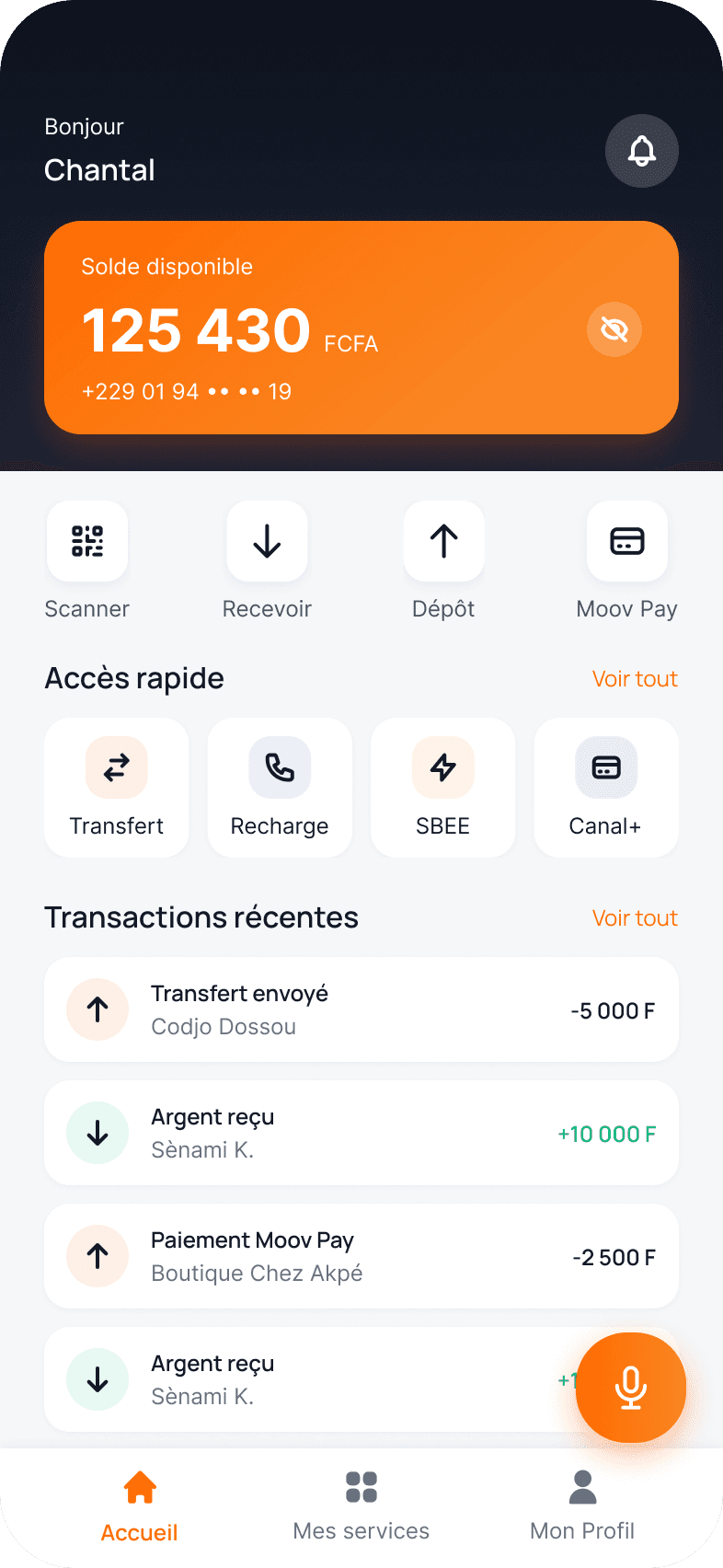 Accueil redessiné : carte de solde compacte, actions, accès rapide, transactions récentes et bouton Moov Assistant