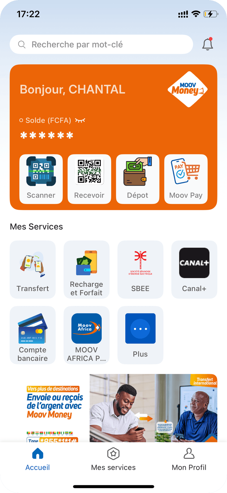 Accueil actuel de Moov Money : barre de recherche, grand bloc solde avec les actions illustrées, sept services en grille et bannière publicitaire