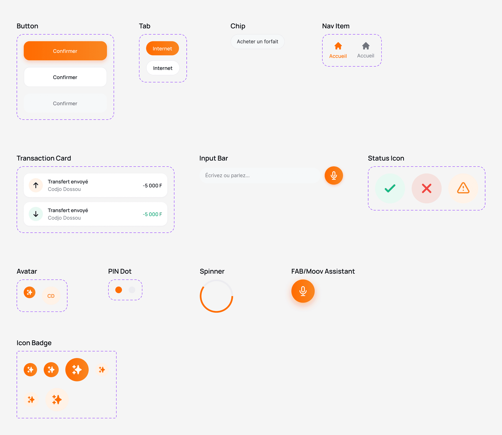Bibliothèque de composants : boutons, onglets, chip, navigation, carte de transaction, barre de saisie, icônes de statut, avatar, PIN, spinner, bouton Moov Assistant et badges