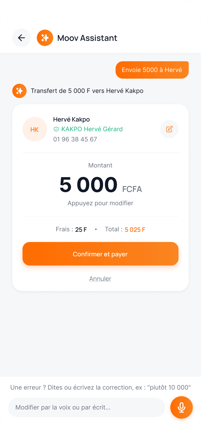 Carte de confirmation : Hervé Kakpo, nom vérifié chez l'opérateur, 5 000 FCFA, frais et total