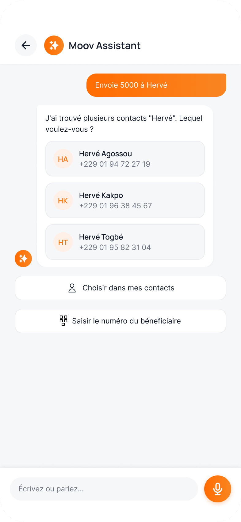 L'assistant propose trois contacts nommés Hervé et demande lequel choisir