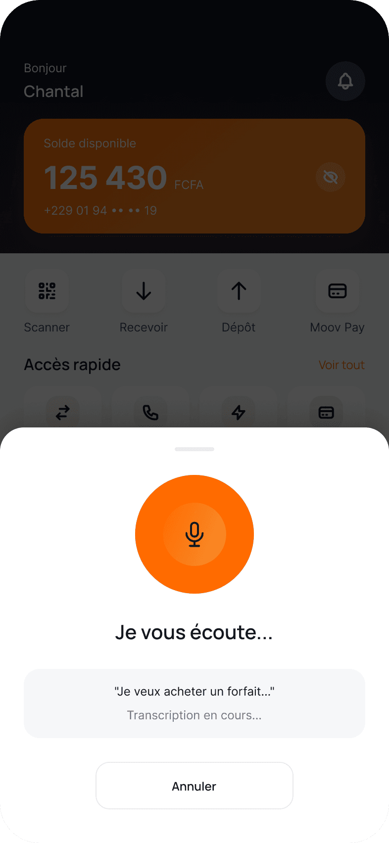 Moov Assistant à l'écoute, avec la transcription « Je veux acheter un forfait… »