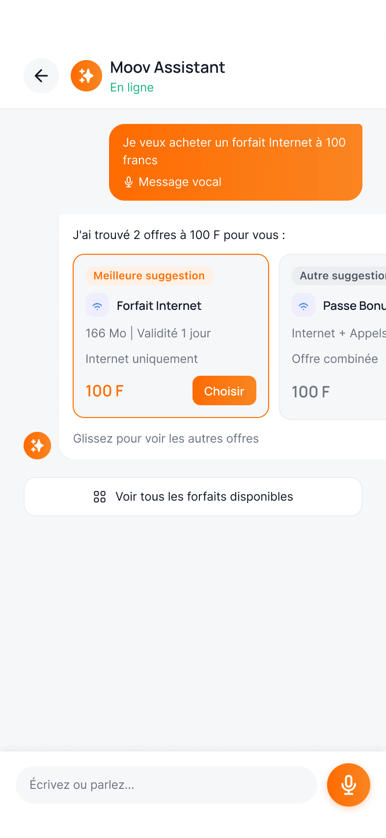 Réponse de l'assistant : meilleure suggestion de forfait, autre offre et lien vers tous les forfaits