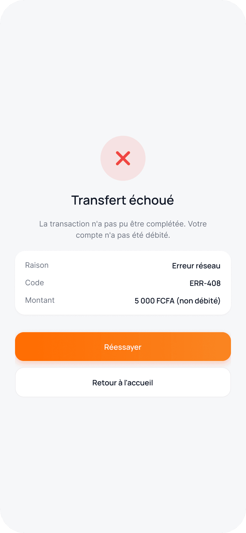 Transfert échoué : erreur réseau, 5 000 FCFA non débités, bouton Réessayer