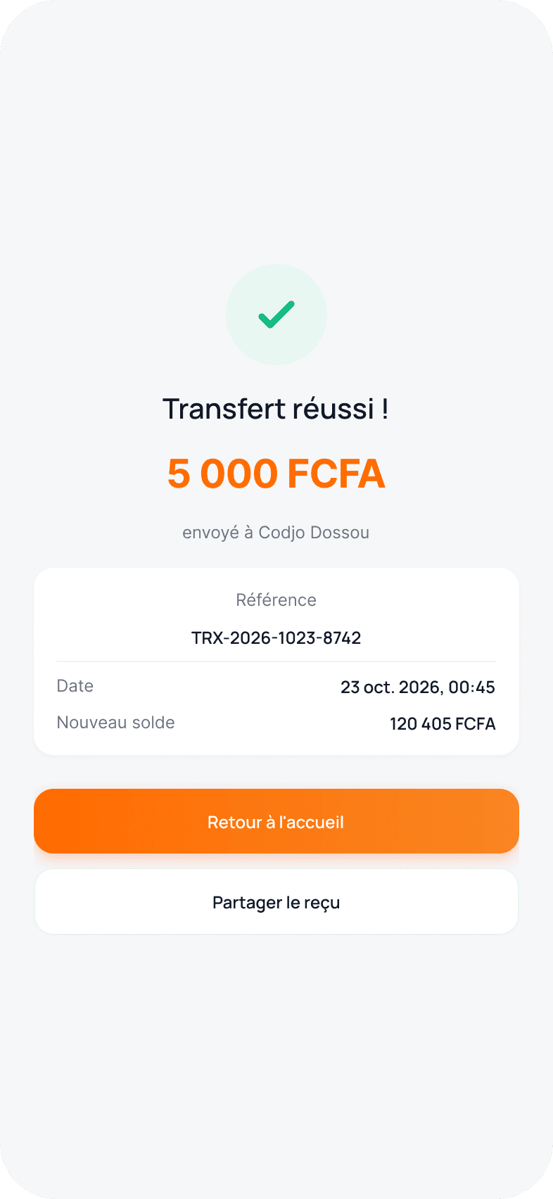Transfert réussi de 5 000 FCFA avec référence, date et nouveau solde