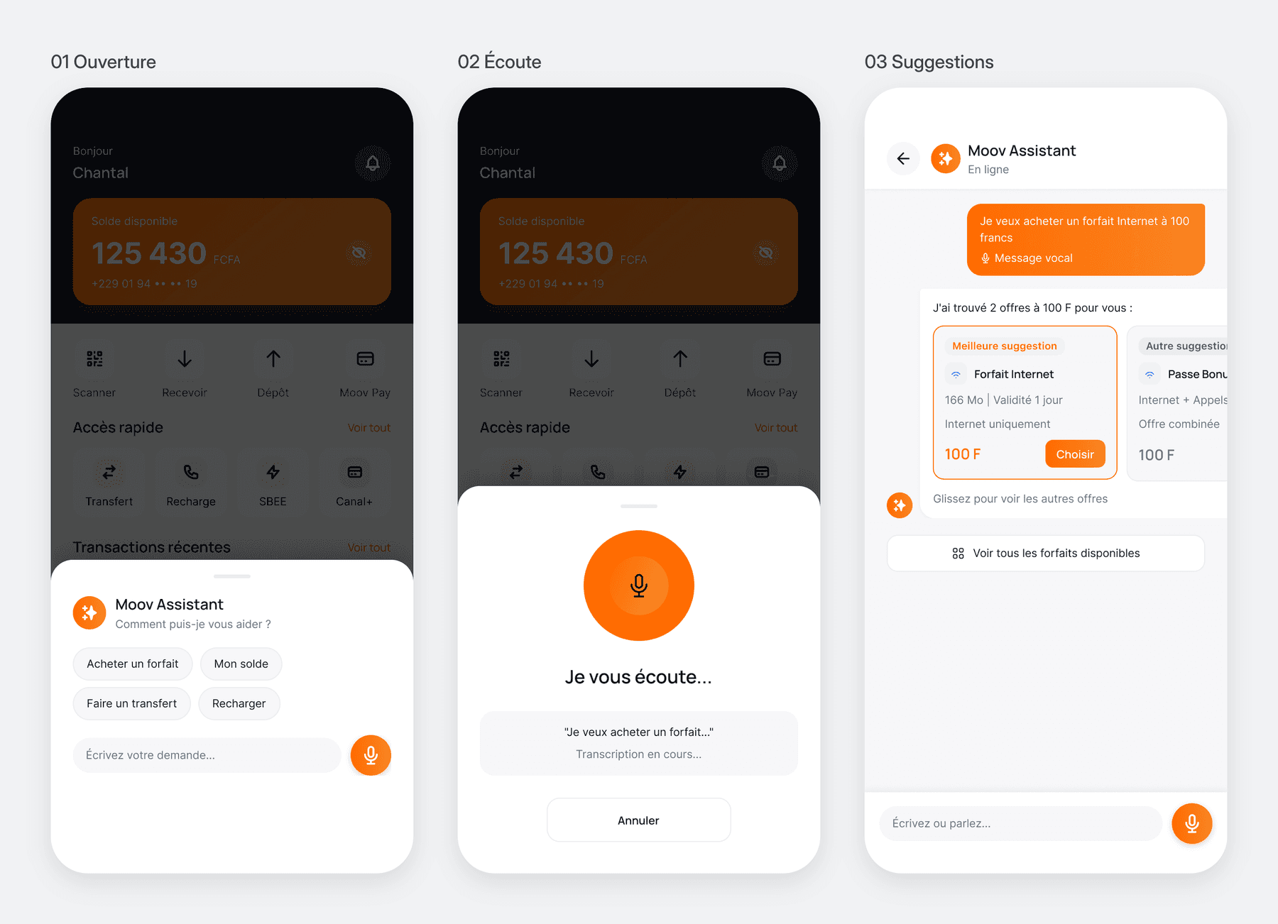 Moov Assistant : ouverture en bottom sheet, écoute avec transcription en direct, suggestions de forfaits