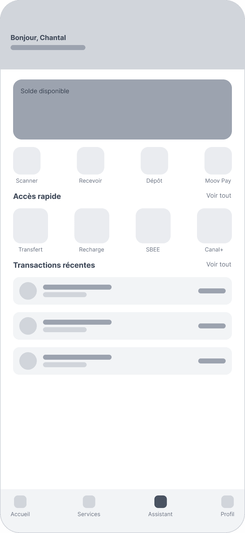 Wireframe de l'accueil avec un quatrième onglet Assistant dans la barre de navigation