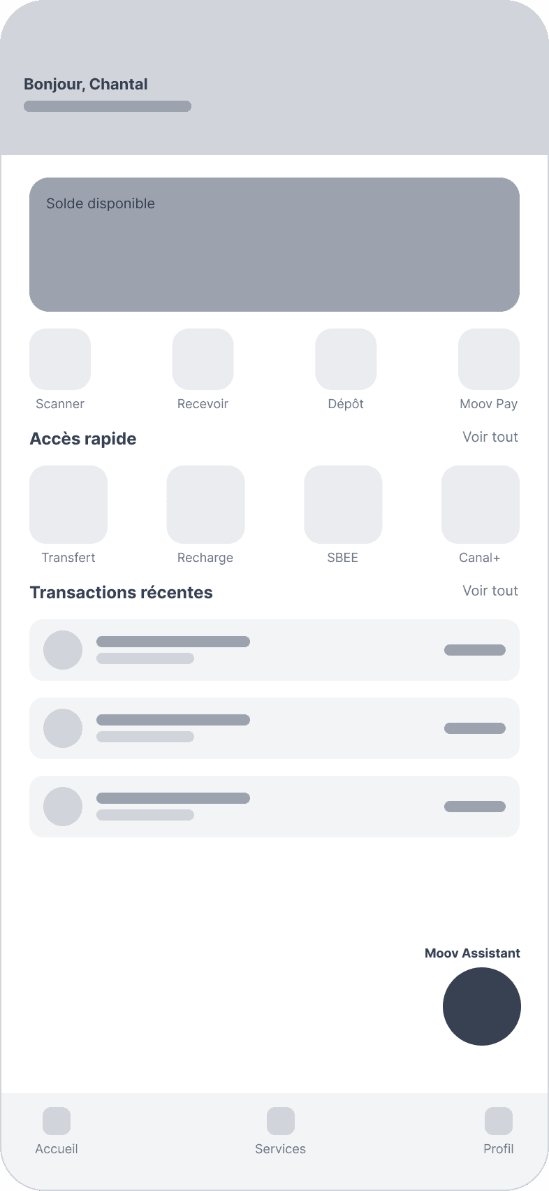 Wireframe de l'accueil avec un bouton flottant Moov Assistant en bas à droite