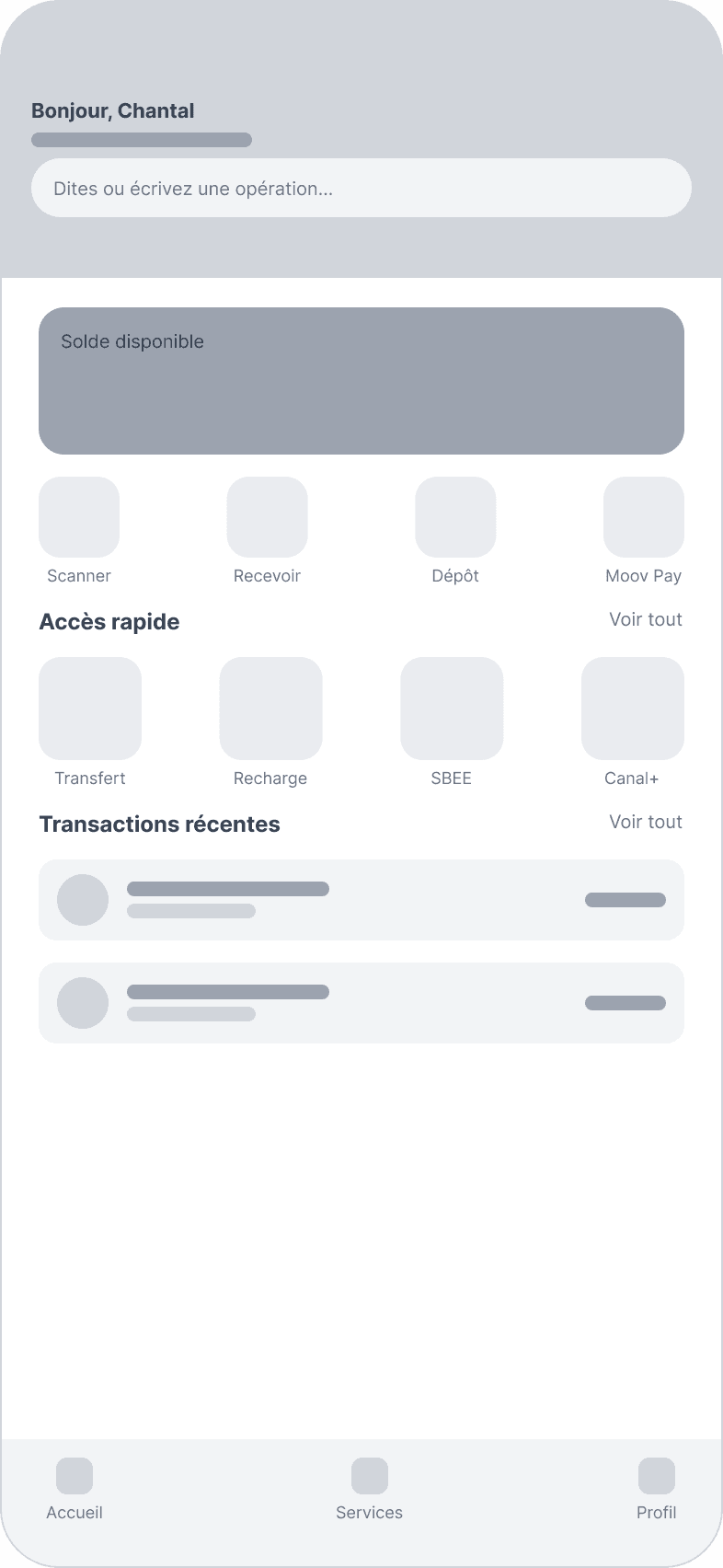 Wireframe de l'accueil avec une barre « Dites ou écrivez une opération » en haut d'écran