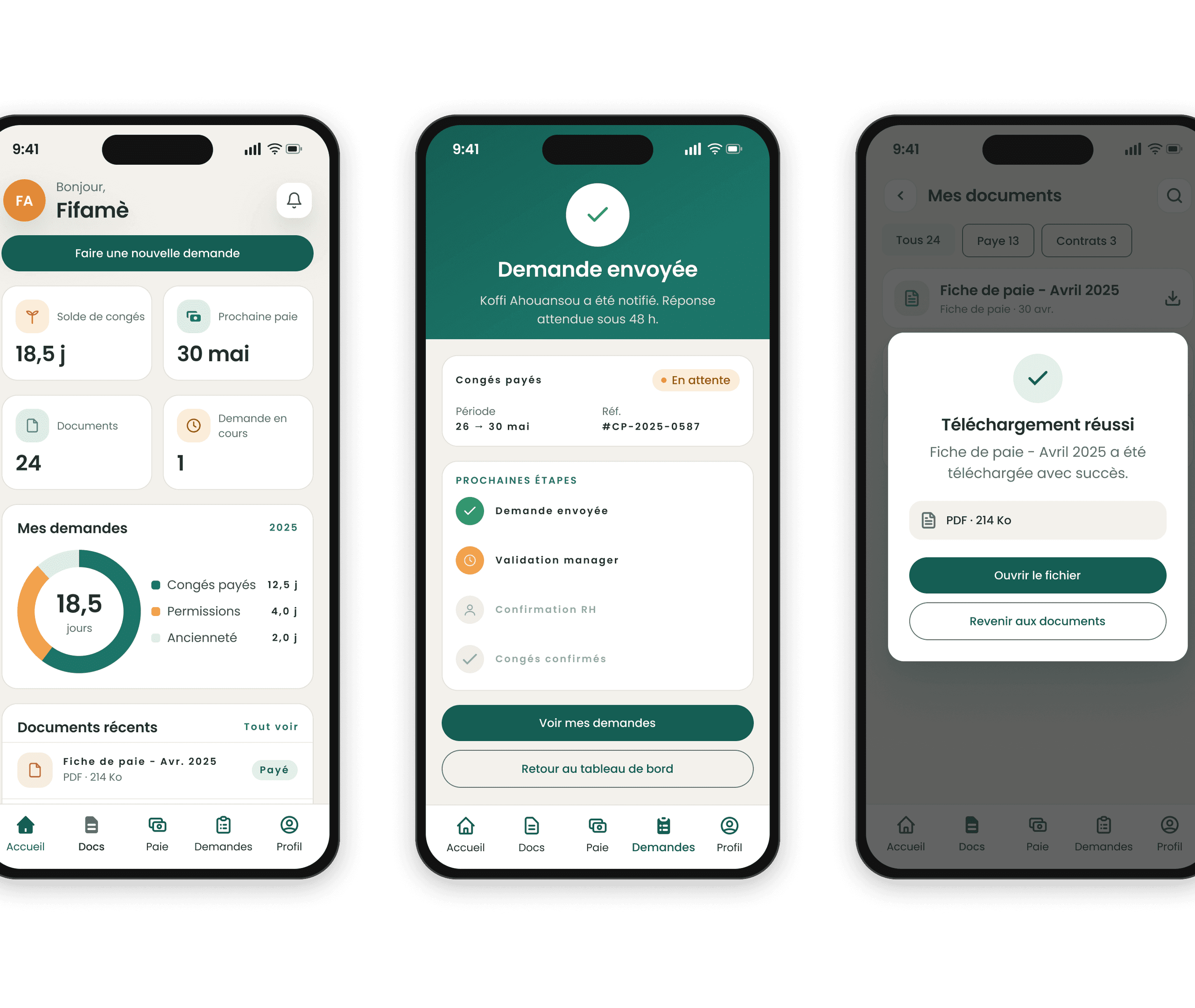 Écrans mobiles de Spax HR : tableau de bord avec le solde de congés, demande envoyée et ses prochaines étapes, téléchargement d'une fiche de paie.