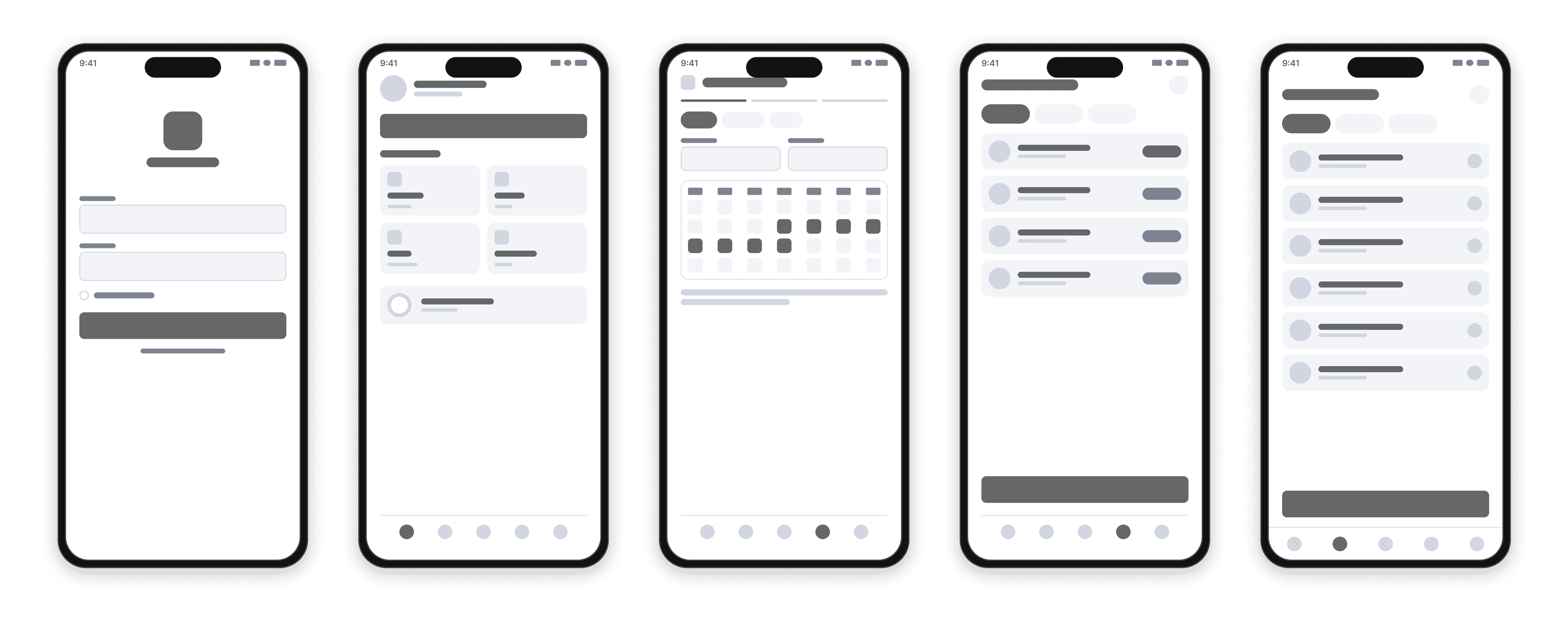 Wireframes basse fidélité de Spax HR : connexion, tableau de bord, demande de congé, mes demandes et mes documents